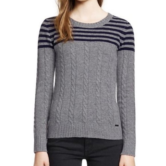 TORY BURCH Sharlene Grey + Navy Cable Knit Wool Crew Sweater XS - Picture 1 of 7